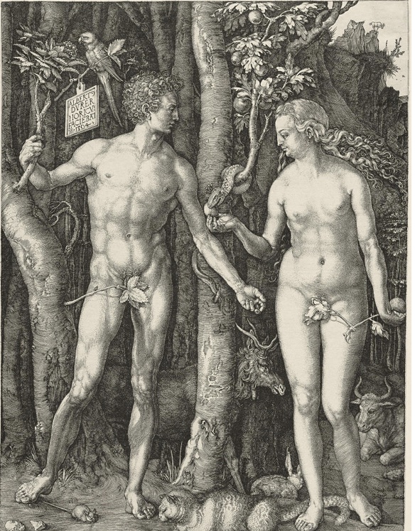 Adam and Eve or The Original Sin, Albrecht Dürer, 1504, engraving, 25.2 × 9.4 cm., Staatliche Kunsthalle, Karlsruhe