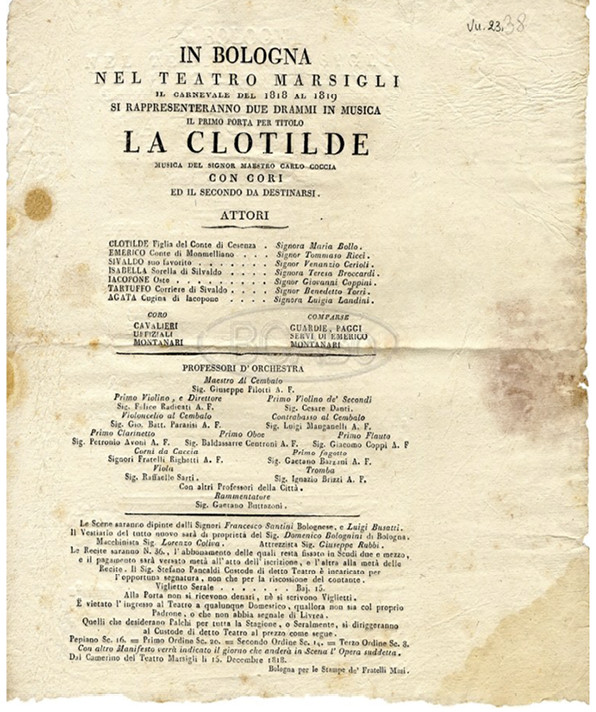 Manifesto del Teatro Marsigli - 1818, Bologna,