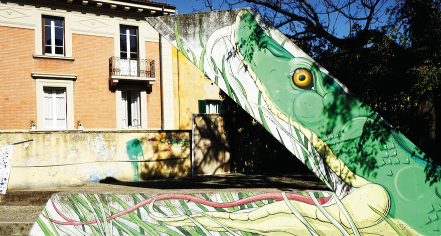 The Guasto Garden, works of art by the artist Blu with murals representing the evolution of species, Bologna