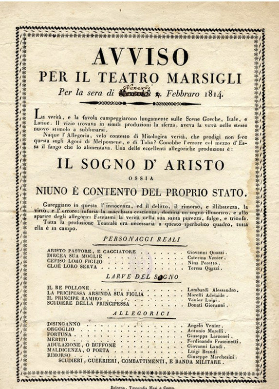 Playbill of the Marsigli Theatre - 1814, Bologna