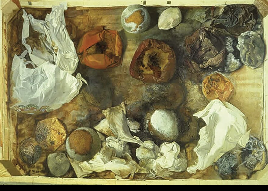 La cassetta dei rifiuti, acrilico su tela, cm. 302 x 210, opera dell'artista Wolfango Peretti Poggi, 1968 - Aula Absidale della chiesa di Santa Lucia, sede dell'Università degli Studi di Bologna