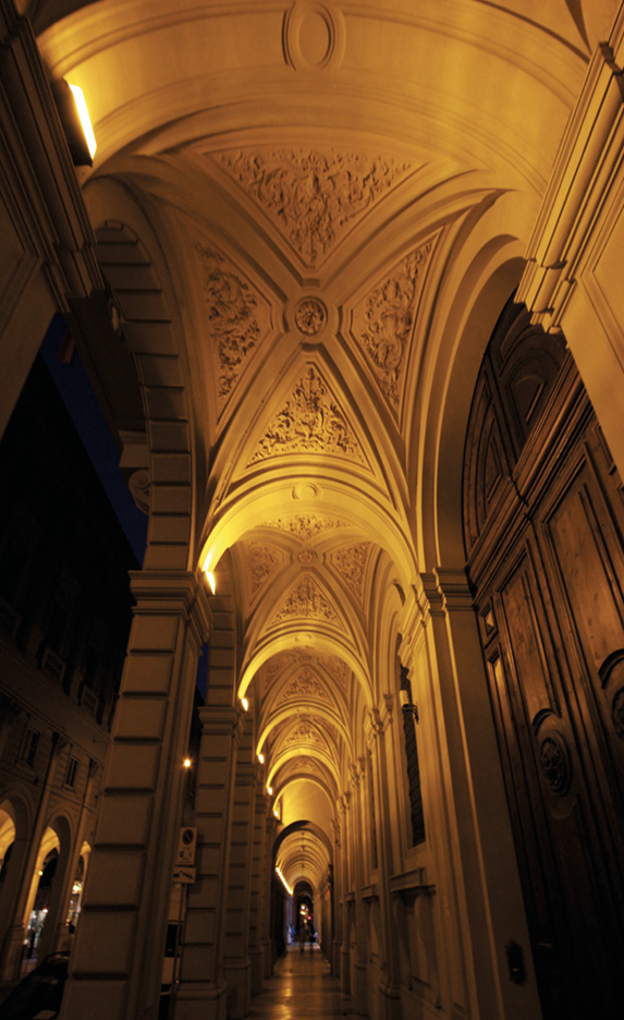 Portico of the Palazzo Pizzardi by night, Bologna