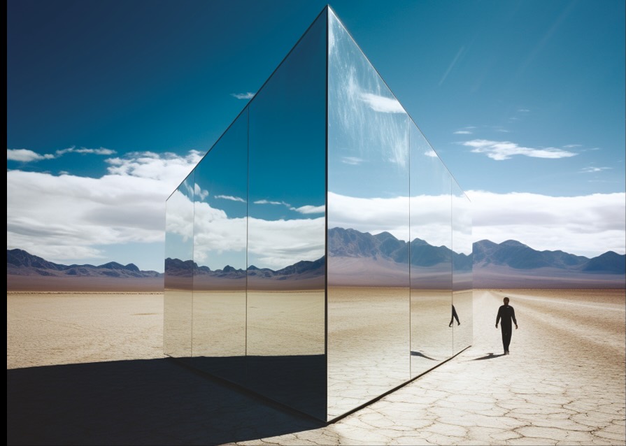 Immagine simbolica di piramide fatta di specchi nel deserto