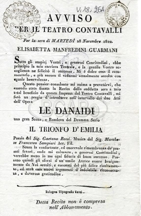 Teatro Contavalli: manifesto di una serata d'onore - 1820, Bologna Teatro Contavalli: manifesto di una serata d'onore - 1820, Bologna