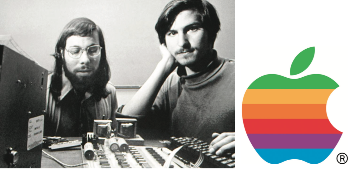 Steve Jobs and Steve Wozniak at the beginning of their career and the Apple logo
