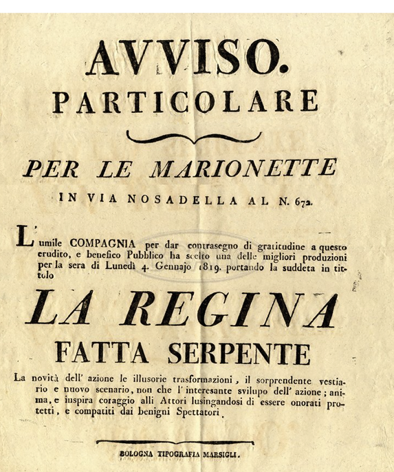 Locandina spettacolo di marionette - Teatro Nosadella, Bologna