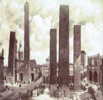 The five towers in Piazza Ravegnana, circa†1800 - Bologna