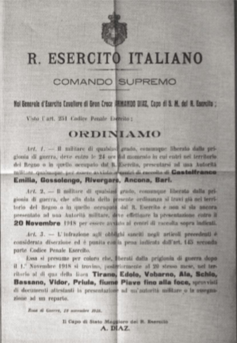 Ordinanza del Generale Armando Diaz per i prigionieri Italiani - Armistizio del 4 novembre 1918