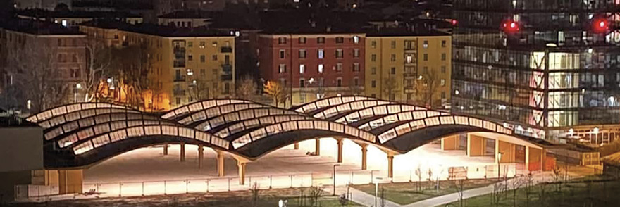 Tettoia Nervi di notte - Piazza Lucio Dalla. Bologna