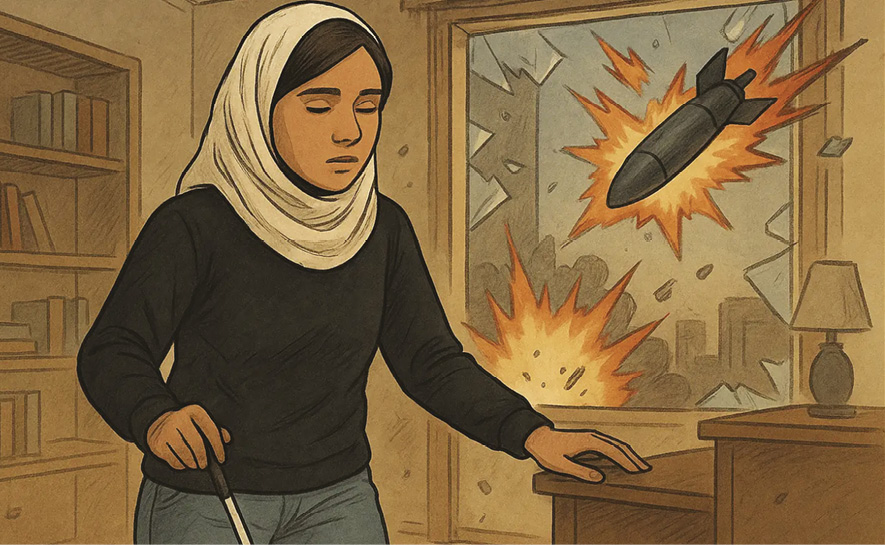 Disegno a colori di una ragazza palestinese: in primo piano, cieca con un bastone bianco, è all'interno di una camera, fuori dalla finestra rotta si vede la città bombardata e un missile che cade - Credit Nicola Rabbi/ChatGpt