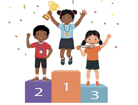 Children on podium for first, second, and third place