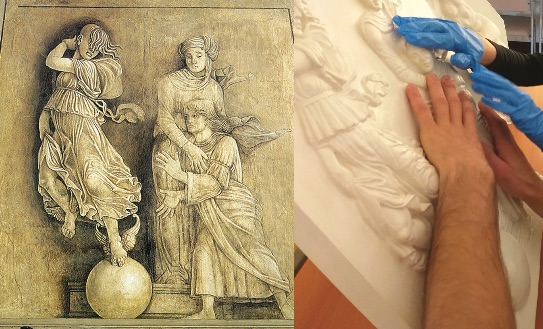 Photographic reproduction of the fresco Occasio e Poenitentia - School of Andrea Mantegna, circa†1500. Tactile exploration of its three-dimensional translation into a sanitized replica - Anteros Museum, Bologna