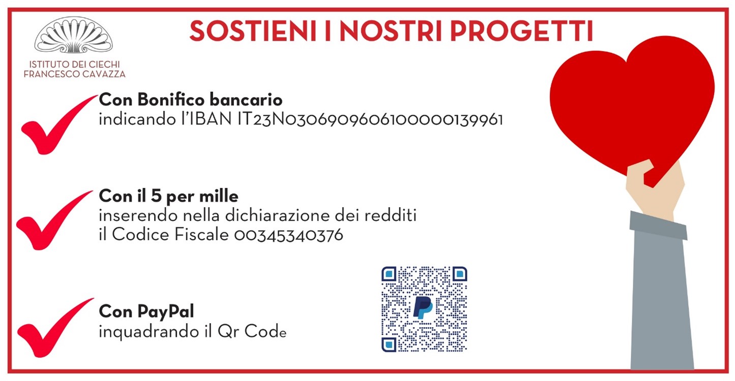 Sostieni i nostri progetti con bonifico bancario IBAN: IT23N0306909606100000139961, oppure con il 5 per mille CF: 00345340376, oppure con PayPal inquadrando il Qr Code di seguito