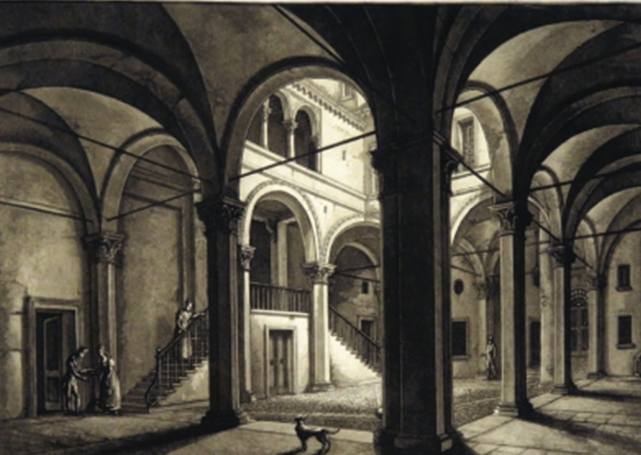 Courtyard of the Felicini palace - Mazzacorati - Engraving by Antonio Basoli (1774-1848), Bologna