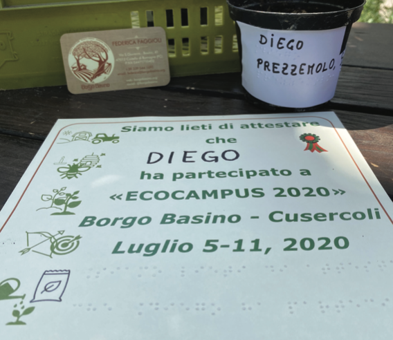 Certificato di partecipazione all'Eco Campus - Borgo Basino, luglio 2020