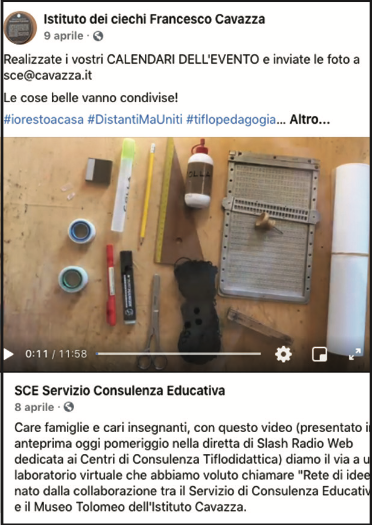 Post della pagina Facebook dell'Istituto Cavazza con video educativo per realizzare "Il calendario dell'evento"