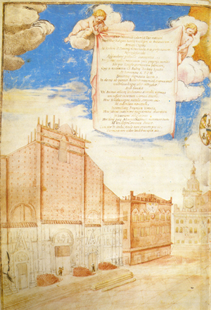 Old illustration of the outside of San Petronio